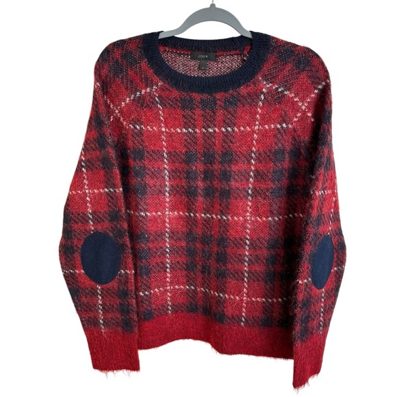J Crew size Large Red Plaid Wool Mohair Crewneck Sweater Elbow Patches Pullover - Picture 2 of 7
